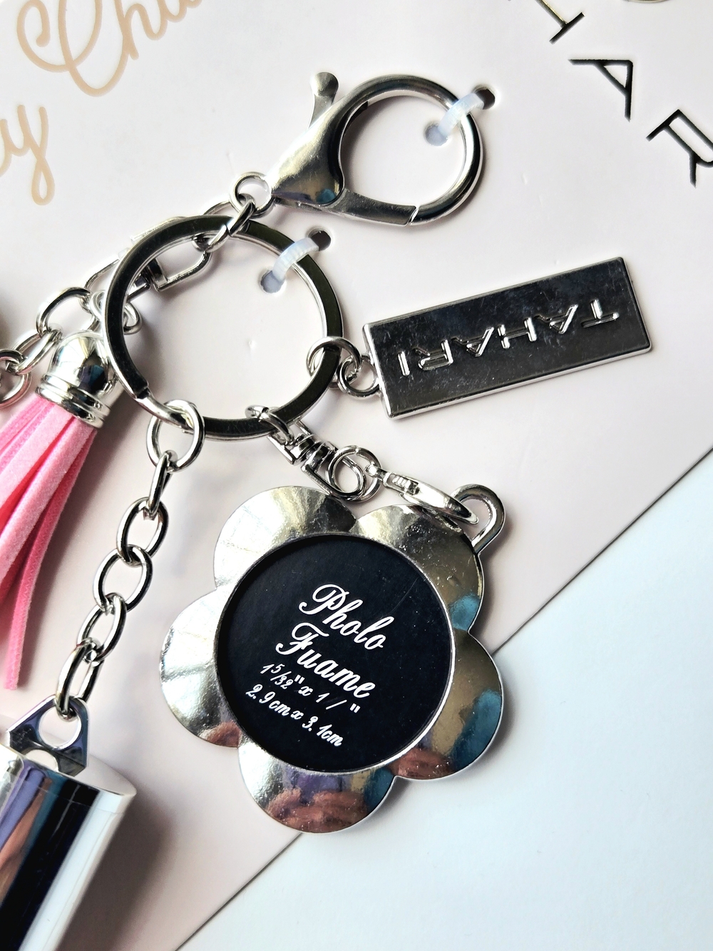 Tahari Pink Rhinestone Bow Keychain Lip Gloss & Photo Frame Bag Charm, Tassel - Picture 3 of 7